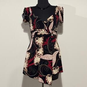 Y2K Vintage Volume One Babydoll Blouse Large Black Red Tan Tie Back Empire Waist